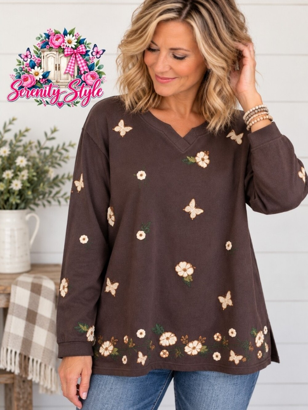 Bechamel Women’s Large Brown Floral Butterfly Embroidered Cotton Top